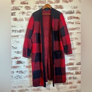 Torrid Duster Cardigan Open Front Pockets Red Black Buffalo Plaid Cozy Sz 2 (2X)